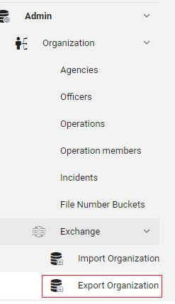 Click export organization menu item