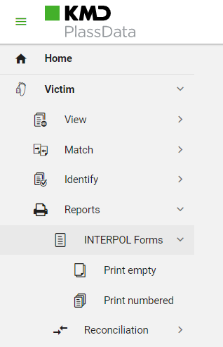 Left menu INTERPOL Forms