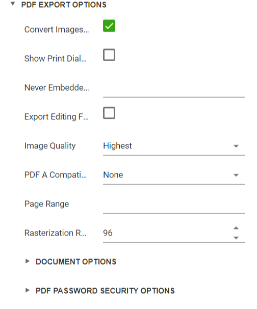 PDF export general options